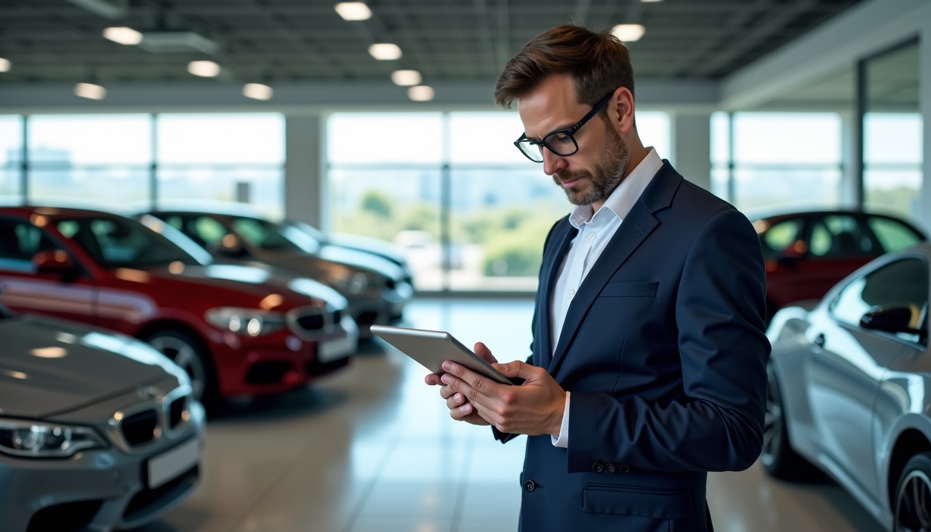 Expert automobile consultant l'historique d'un véhicule d'occasion sur tablette dans un showroom